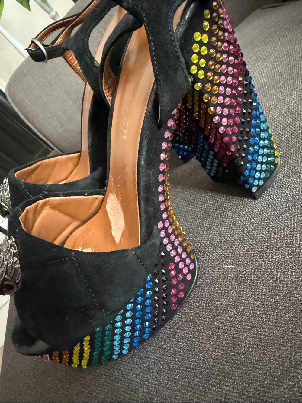Kurt Geiger Black Suede Platform Sandals with Multicolor Rainbow Crystal Heel - Picture 2 of 7